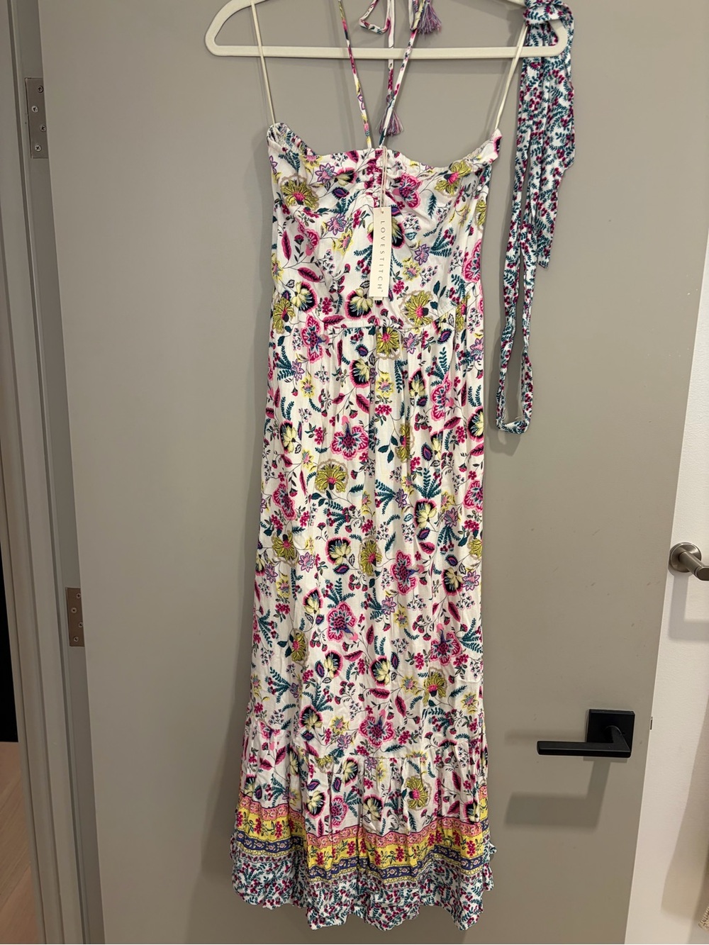 lovestitch White Maxi Dress with Pink & Green Floral Print